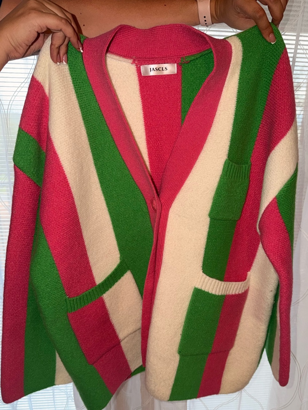 Pink, Green and Cream Striped Sweater